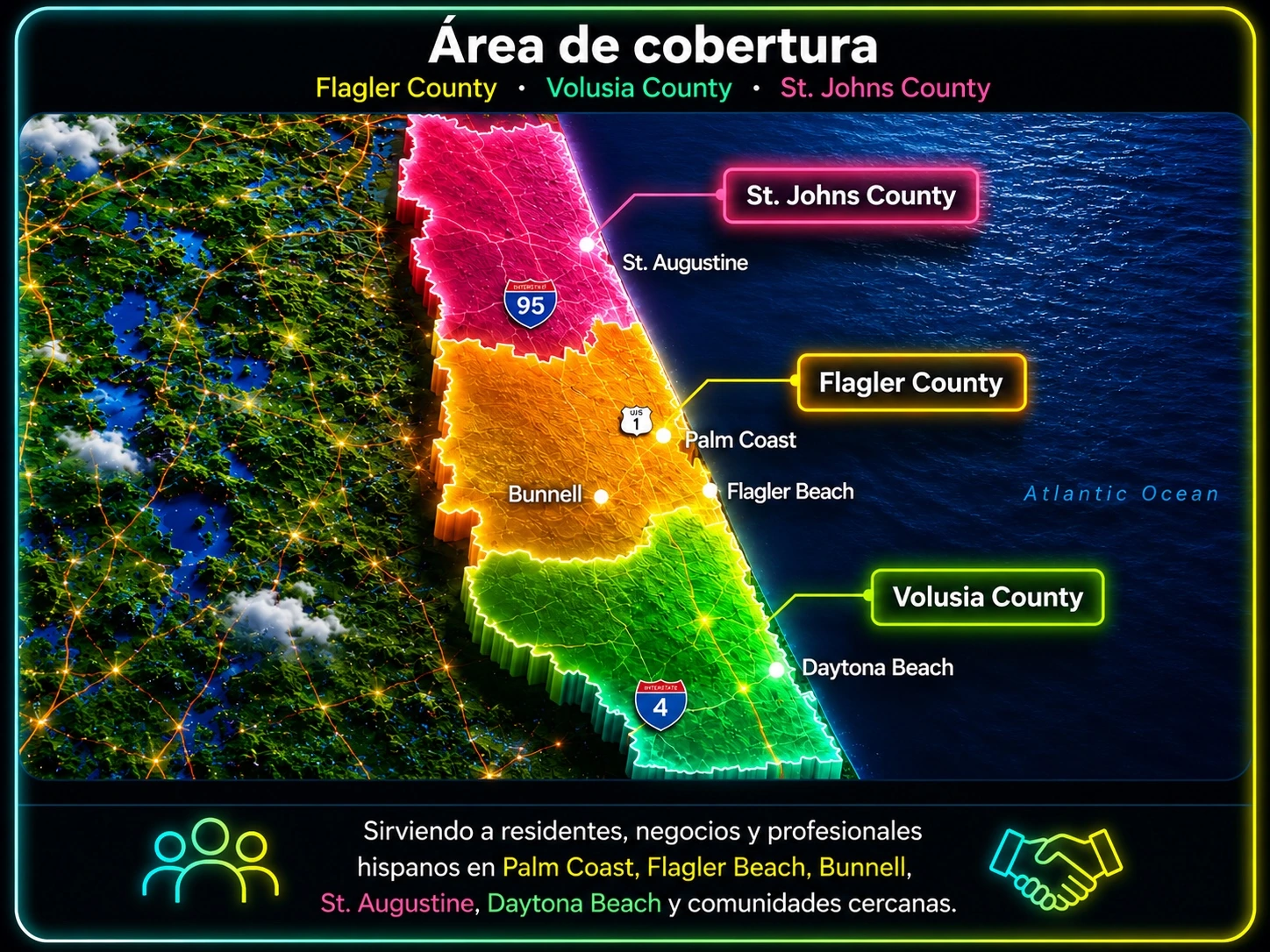Área de cobertura de Hispanos Locales: Flagler County, Volusia County y St. Johns County, incluyendo Palm Coast, Flagler Beach, Bunnell, St. Augustine y Daytona Beach