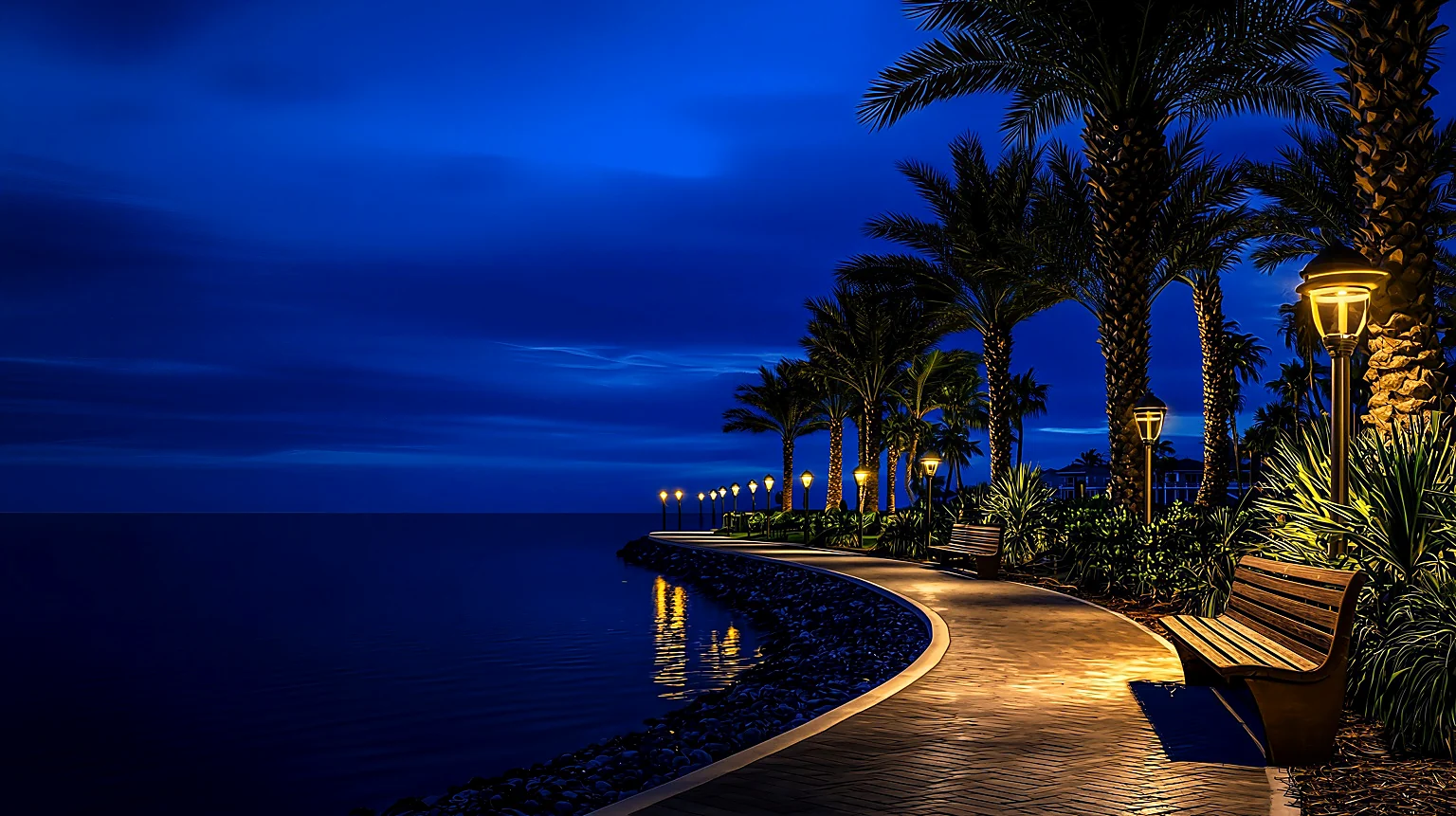Pasarela de madera en Palm Coast con palmeras iluminadas al atardecer